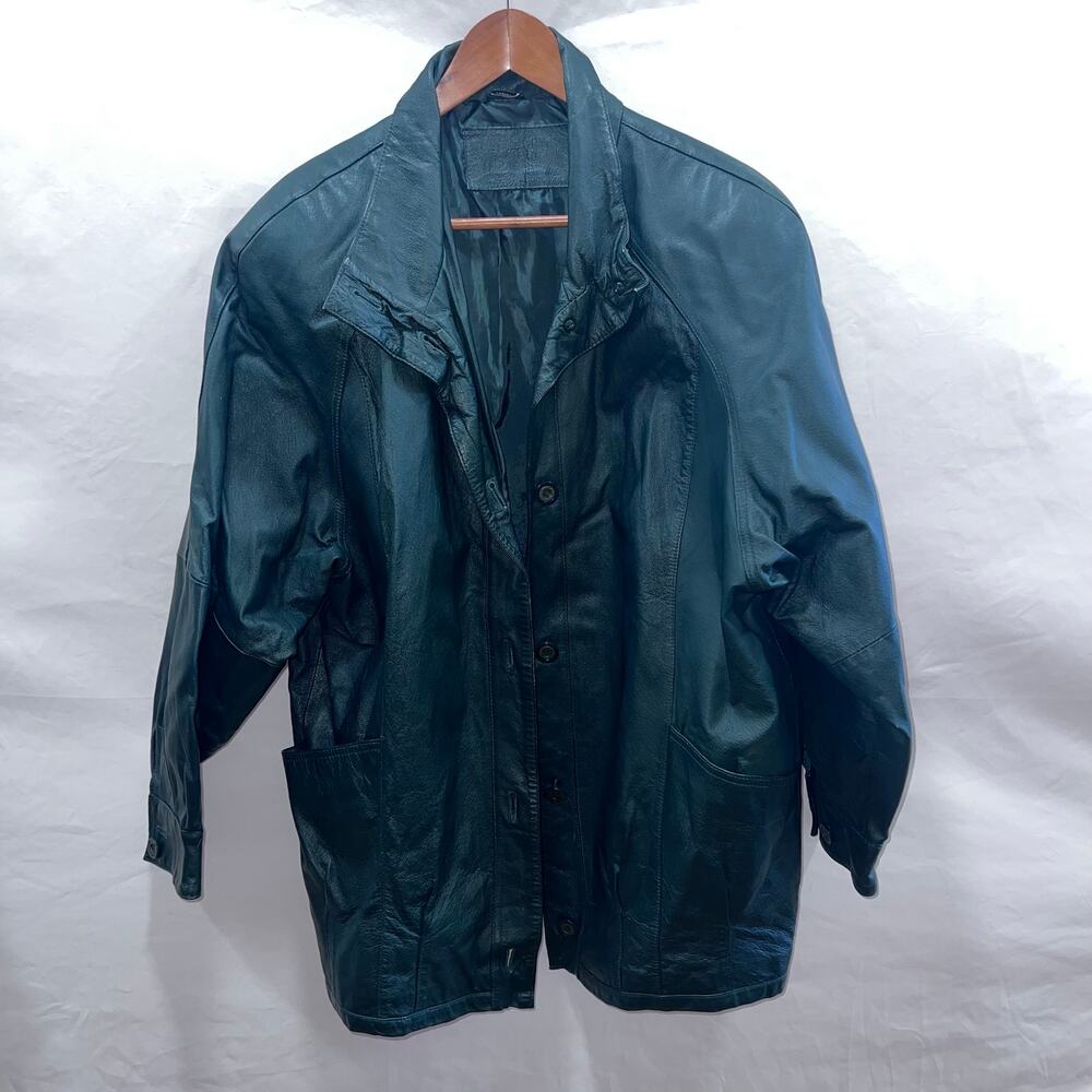 Vintage 80s Genuine Leather Bomber‎ Jacket Coat Size Large Women's Winter Green